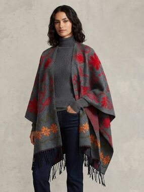 Desigual Gray Floral Embroidered Fringe Poncho One Size